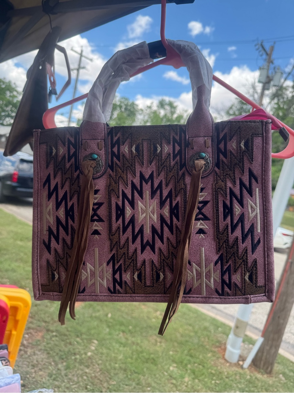 Aztec-Pattern Purple Tote Bag with Fringe Accents Montana West